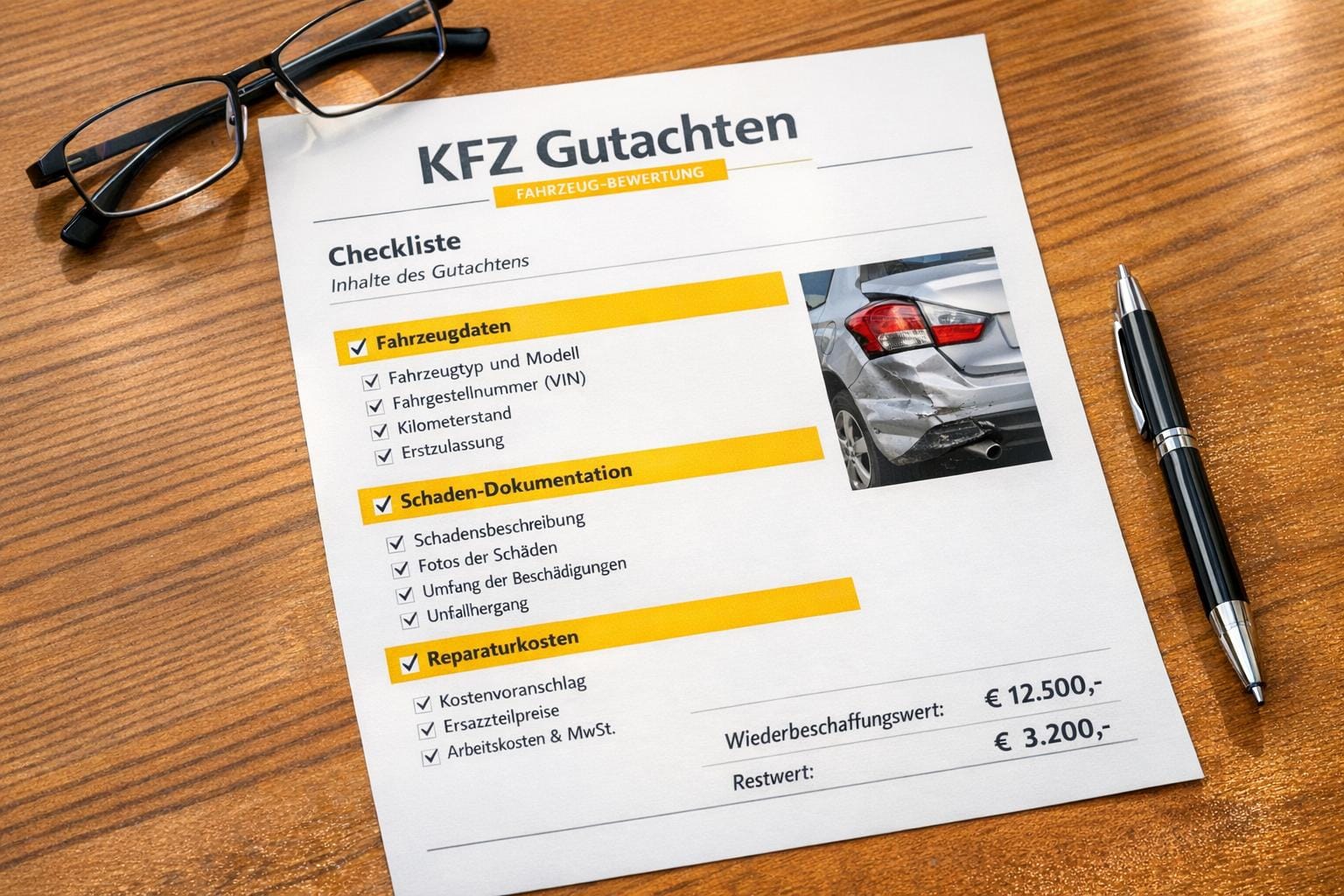 Checkliste: Inhalte eines standardisierten KFZ Gutachtens